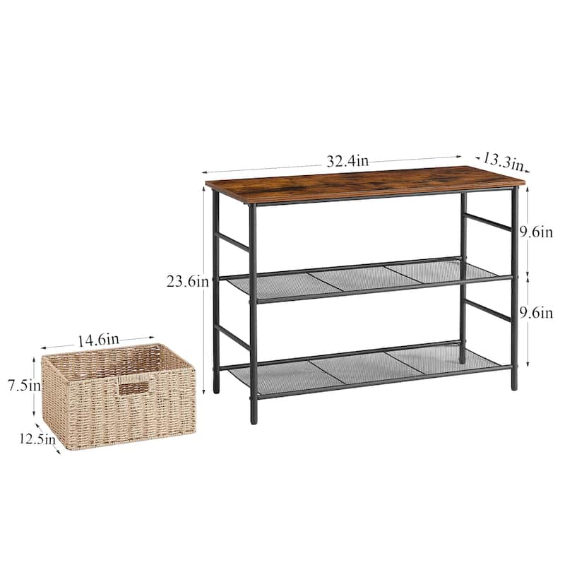 32.4" Industrial 3-Tier Console/Sofa Table with 2 Straw Storage Baskets, Brown