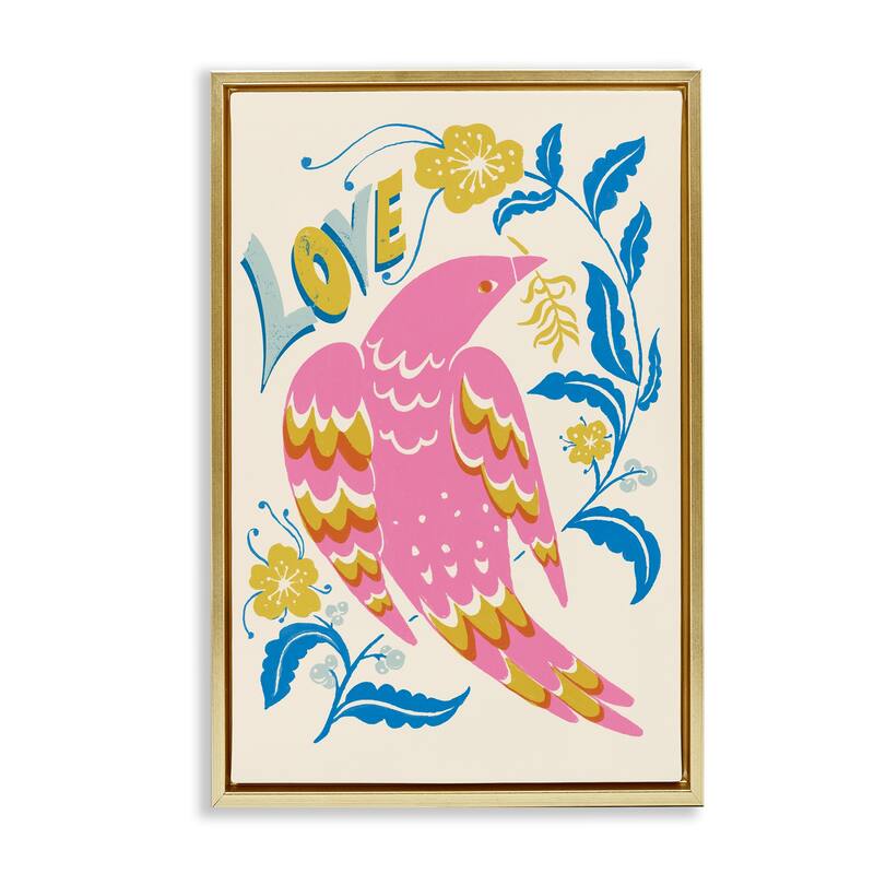 Stupell Groovy Folk Love Bird Framed Floater Canvas Wall Art Design By Hannah Moren - 17 x 25 - Gold