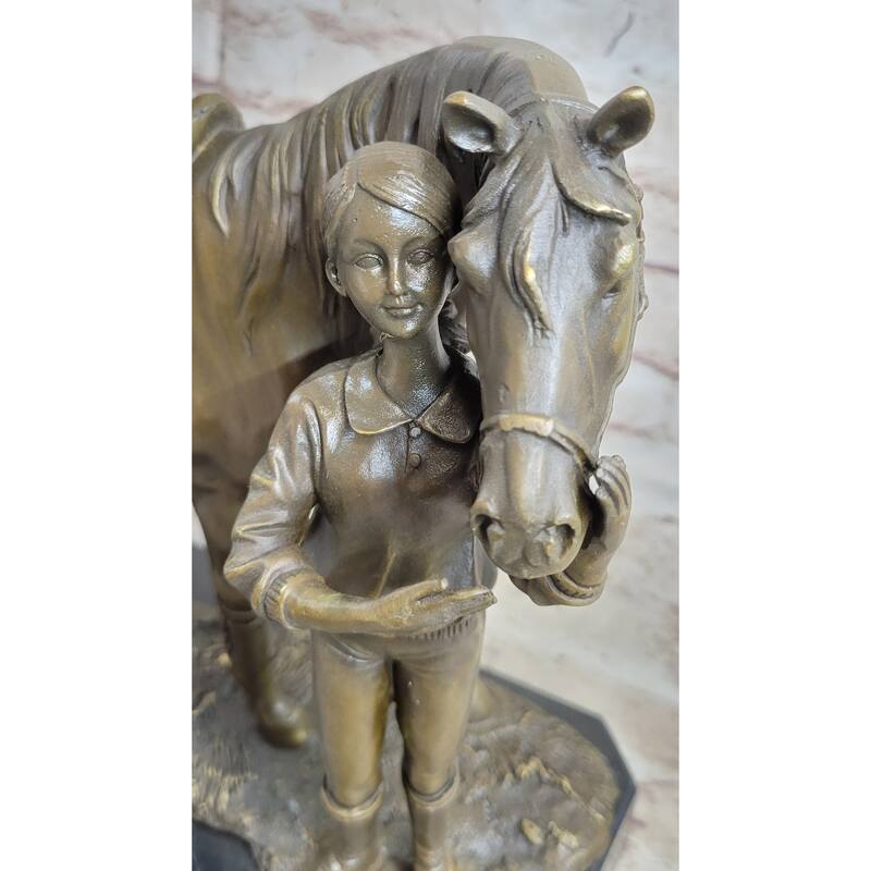 Equestrian Little Girl Child W/ Horse Bronze Statue Sculpture Figurine 11 Inches X 12 Inches