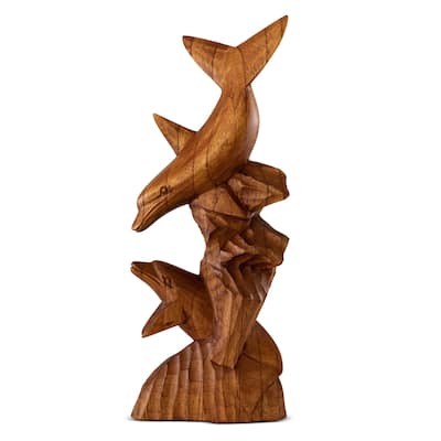Wooden Hand Carved 2 Dolphins on Coral Statue Sculpture Wood Decorative Decor Figurine Handcrafted Handmade Seaside Tropical