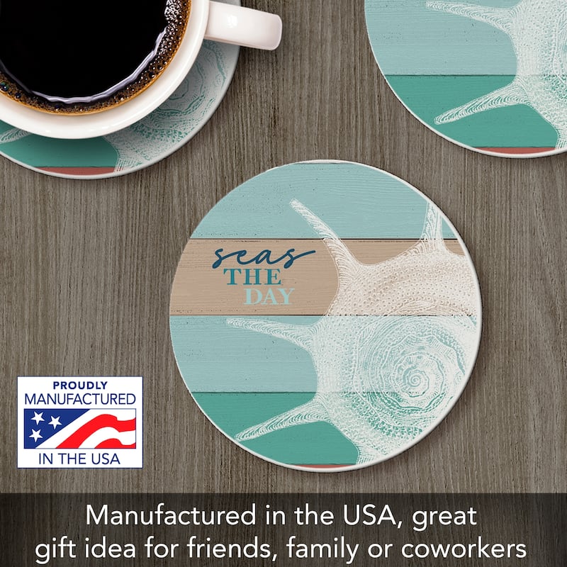 Seas the Day 4 Pack Absorbent Stone Coaster with Protective Cork Backing Made in The USA 4" Round, Easily Wipes Clean
