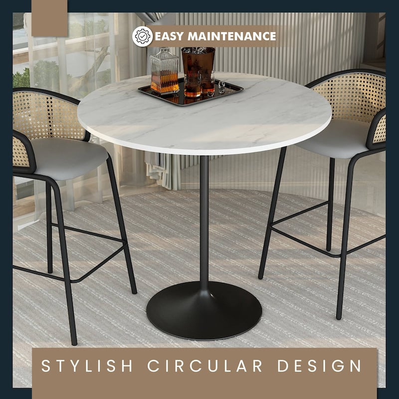 LeisureMod Verve Round Bar Dining Table with White Resin TableTop and Black Steel Base for Kitchen & Dining Room