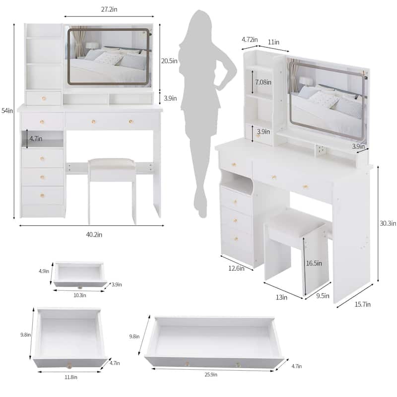 Modern Makeup Vanity Table with 27"x20" Lighted Mirror, 41" Wide Desktop, Left Drawer and Stool, Ideal for Large Rooms