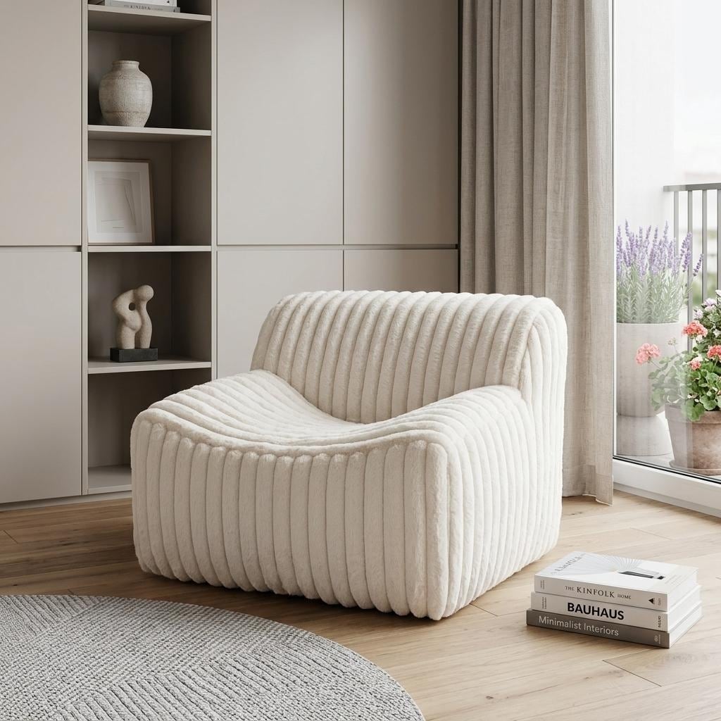 HomeRoots 39" Cream Faux Fur And Upholstered Tufted Lounge Chair - 39.00 in. x 28.70 in. x 37.00 in.