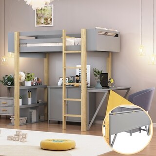 Twin Size Loft Bed with Built-in Storage Cabinet, Cubes & Foldable Desk, Solid Wood Loft Bed Frame for Kids Teens Adults, Gray