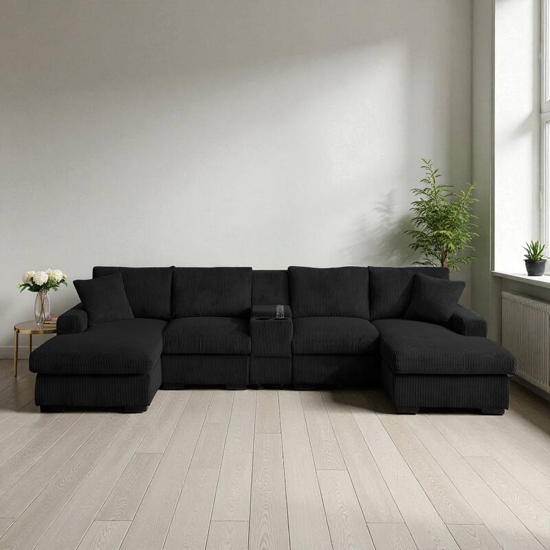126" U-Shaped Cloud Couch Sectional with Double Chaise, Console, Cup Holders and USB, Oversized Corduroy Sofa