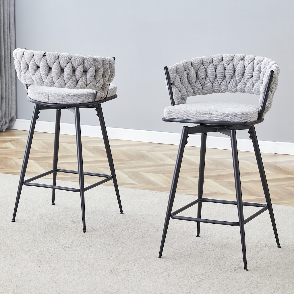 Set of 2 Swivel Bar Stools with Breathable Linen Cushions - Light Gray Seat & Black Iron Frame, Counter Height Stools