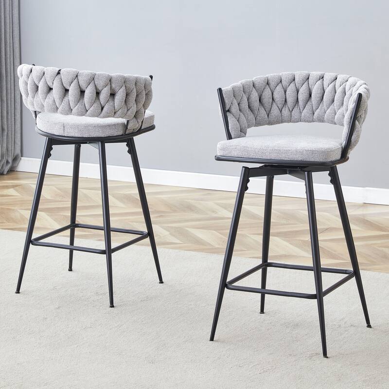 Set of 2 swivel bar stools with breathable cotton and linen soft cushions, electroplated metal frames without rust