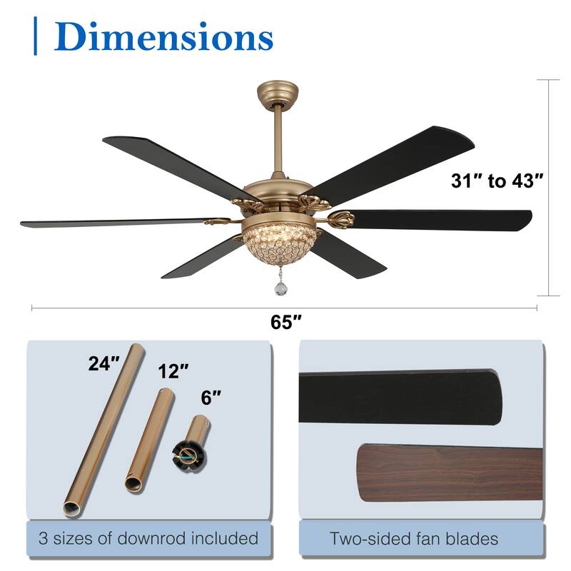 CurveCurio 65" Large Ceiling Fan w Crystal Dimmable LED Light Kit, Quiet DC Motor Living Room Ceiling Fan