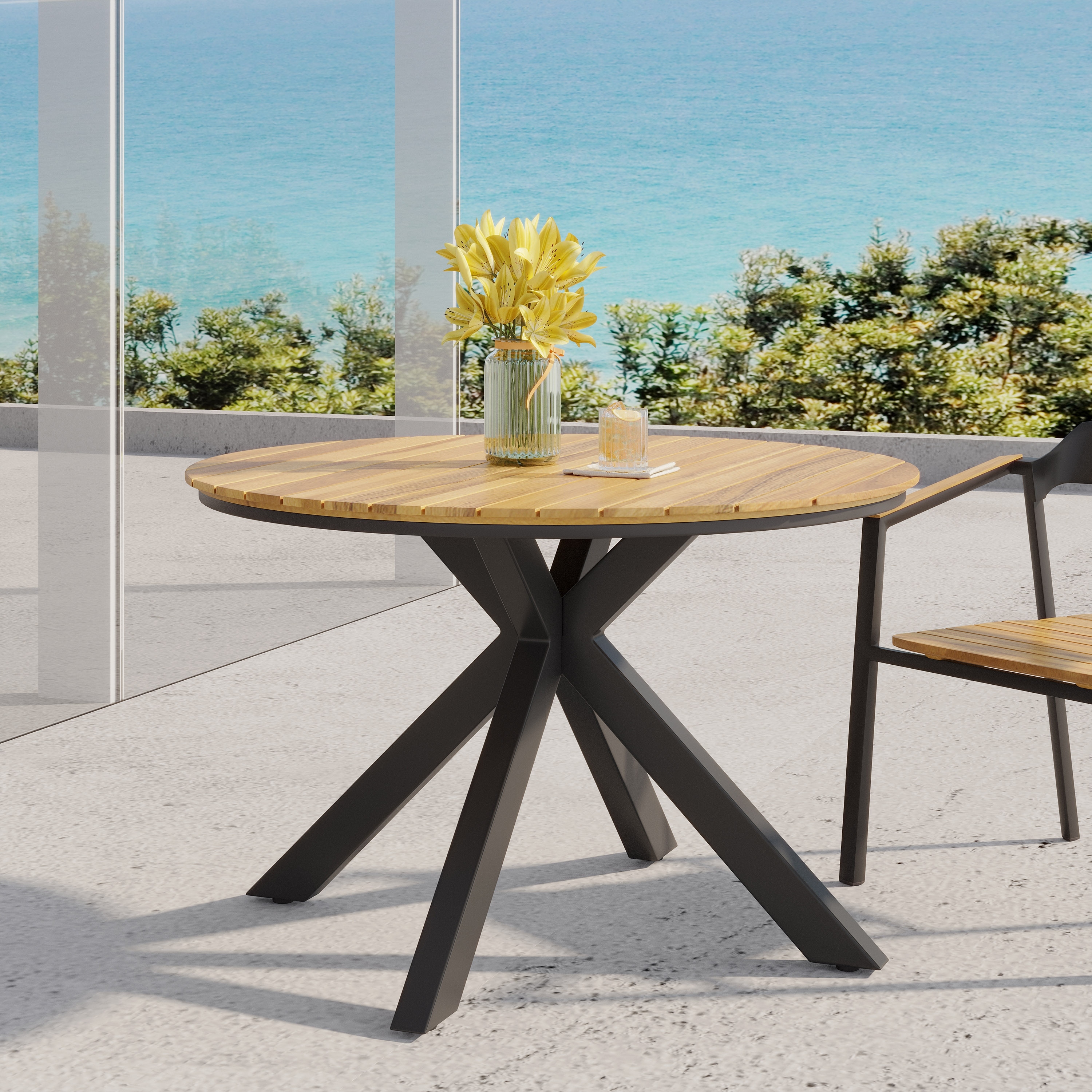 Roomfitters Outdoor Dining Table, Teak Acacia Wood Tabletop with Black Metal Legs, Teak+Black