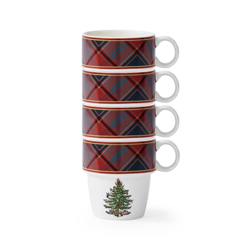 Spode Set of 4 Christmas Tree Tartan Stackable Mugs