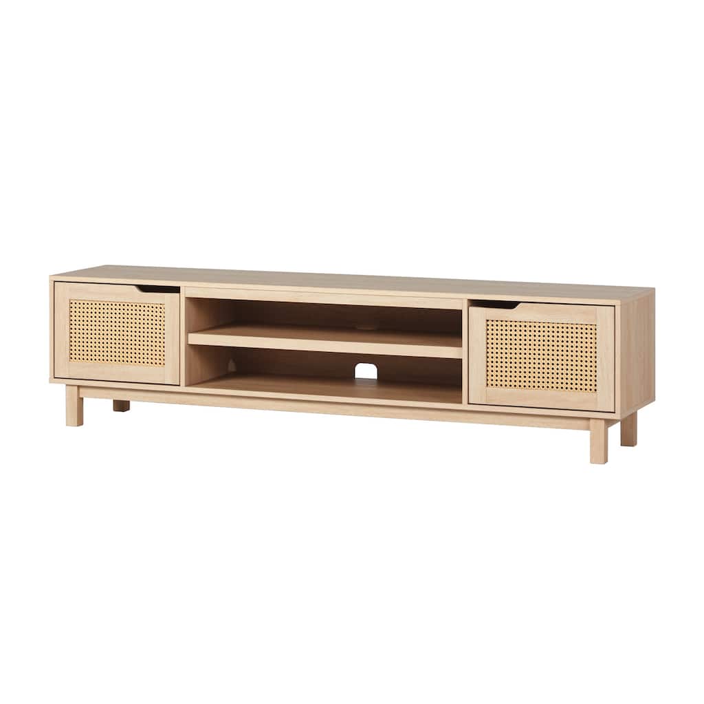 70" Coastal TV Stand for 80-Inch TVs, Featuring Faux Rattan Doors, Open Shelves & Cord Management