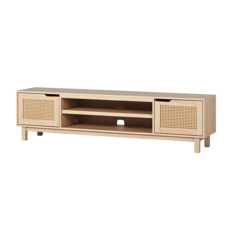 70-Inch Low TV Stand with Faux Rattan Doors & Open Cubbies, Ideal for Coastal Décor & TVs up to 80 Inches - Light Brown