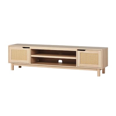 70-Inch Low TV Stand with Faux Rattan Doors & Open Cubbies, Ideal for Coastal Décor & TVs up to 80 Inches