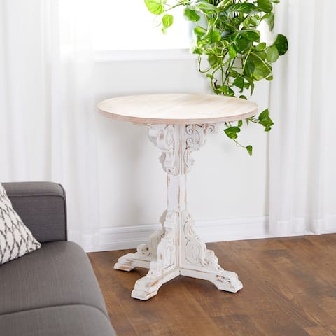 White or Grey Wood French Country Farmhouse Pedestal Accent Table