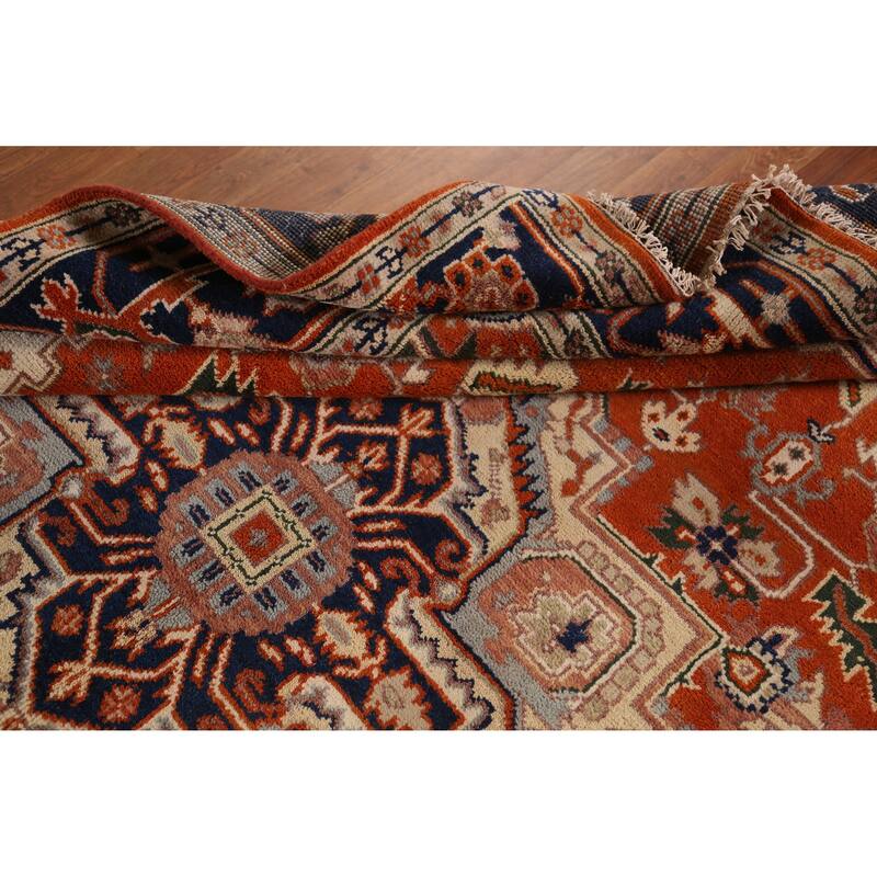 Medallion Heriz Serapi Indian Area Rug Handmade Orange Wool Carpet - 7'10" x 9'9"