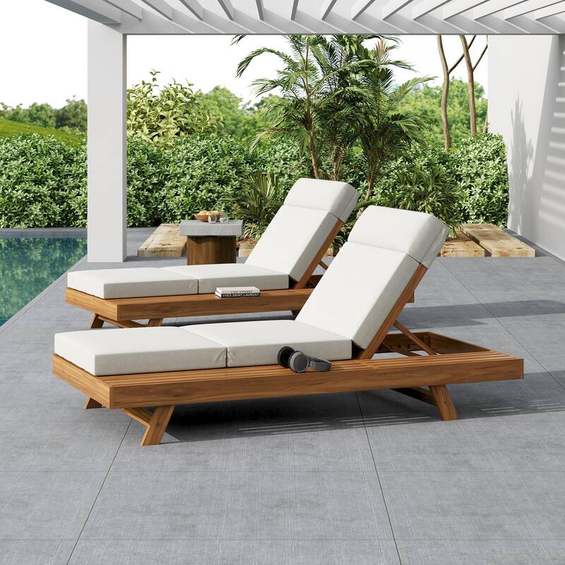 Christopher Knight Home- Linda Acacia Wood Outdoor Chaise Lounge Set - Teak+Cream+2 Piece