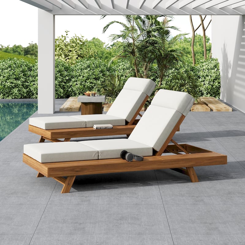 One-sided Open Storage Lounge Chairs Outdoor Patio Acacia Wood Chaise Lounge with Adjustable Backrest & Water-repellent Cushions - 4" Triple Fold Cream Cushions - 2pc