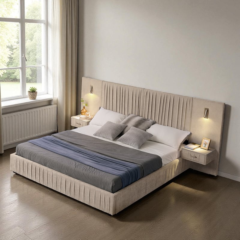 Queen Upholstered Platform Bed with Pleated Chenille Headboard, Built-in Bedside Table & Adjustable Lamps, No Box Spring