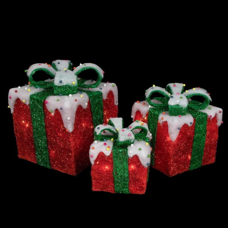 Set of 3 Lighted Snow and Candy Covered Sisal Gift Boxes Christmas Outdoor Decorations - 11.75"