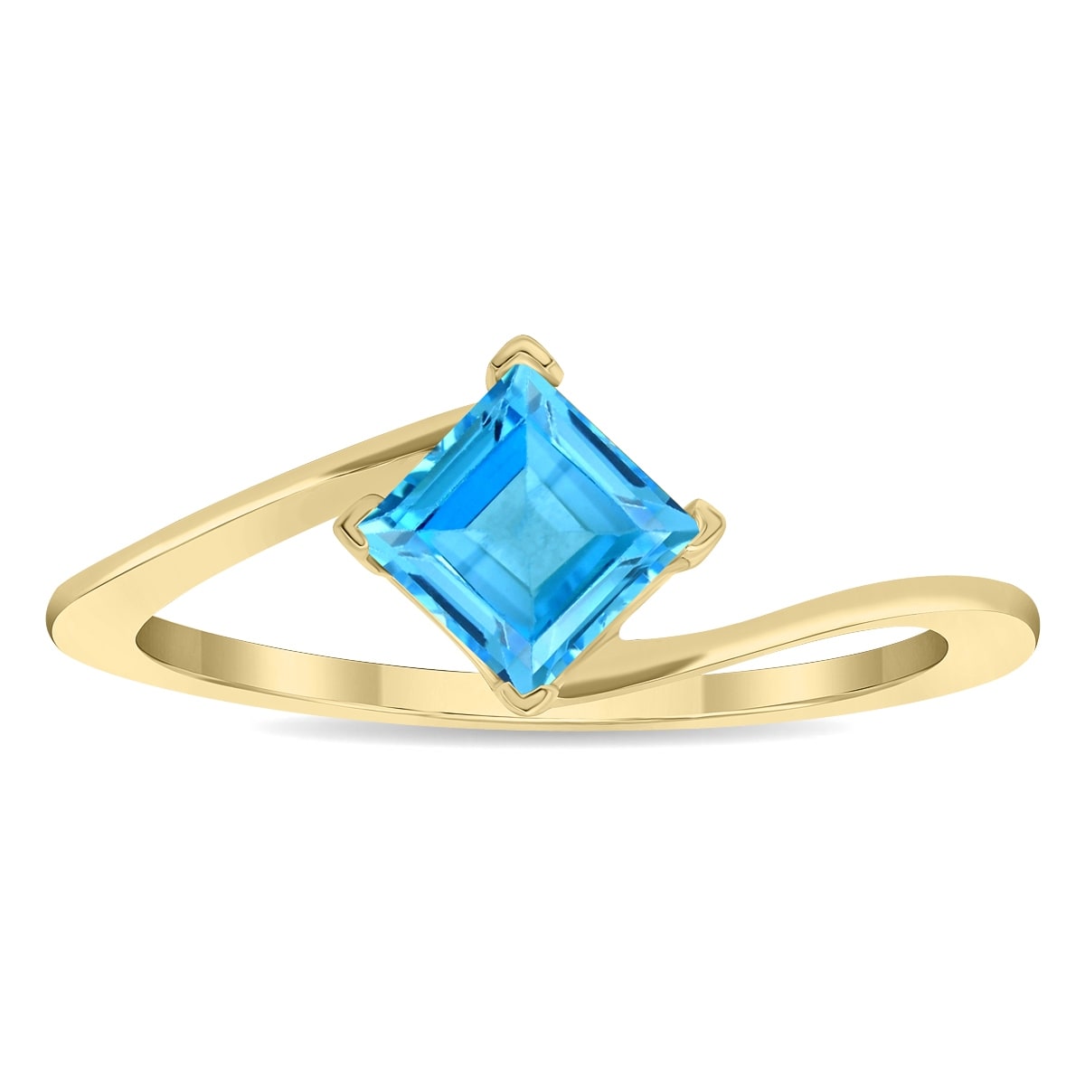 Marquee Women's Solitaire Square Shaped Blue Topaz Wave Ring in 10K Yellow Gold