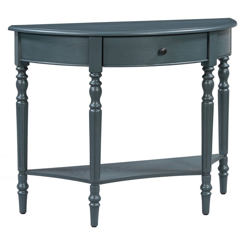 Farmhouse Half Moon Console Table with Drawer & Shelf - Rustic Accent Table