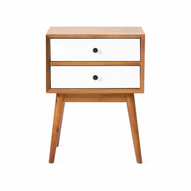 Mid-Century Acacia Wood Nightstand - 2 Drawers, Brass Accents - Natural Stained
