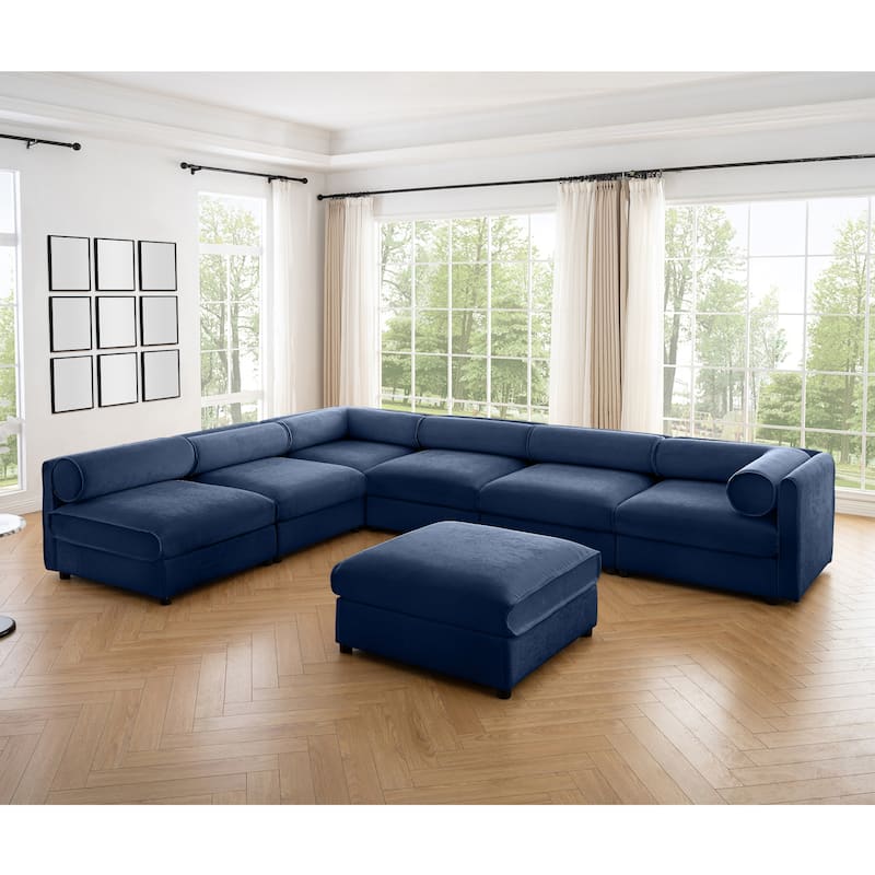 Modern 7-Piece Modular Sofa with Storage & 1 Storage Ottoman - Blue