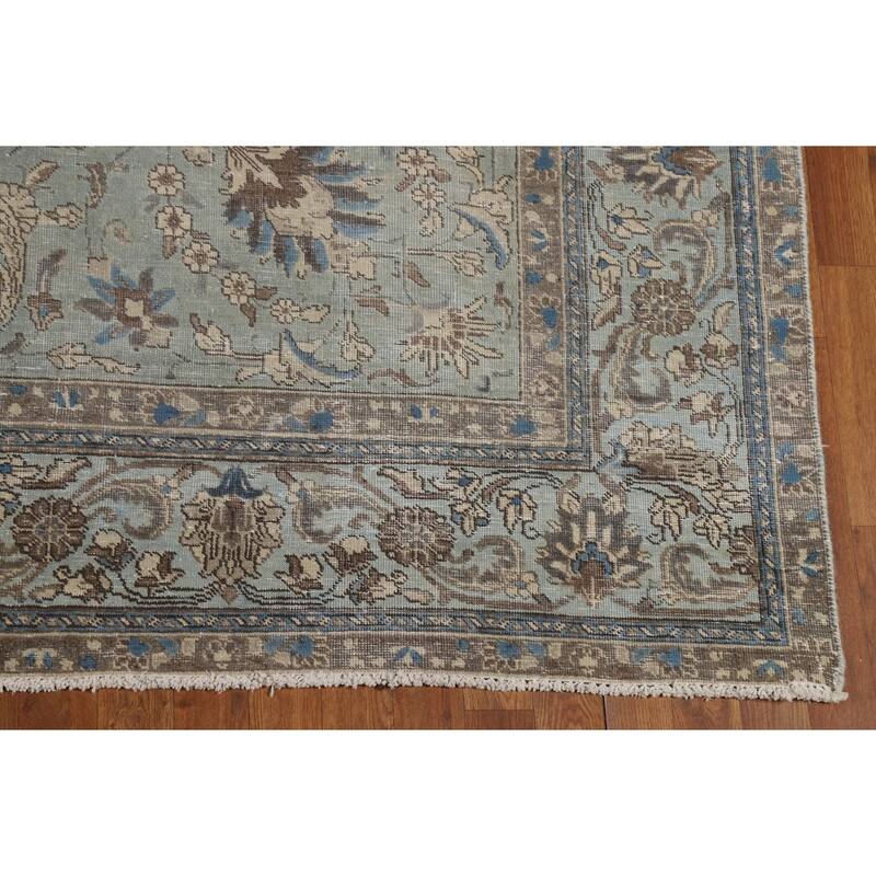 Blue Tabriz Persian Rug Hand-Knotted Distressed Floral Wool Carpet - 7'4"x 10'8"