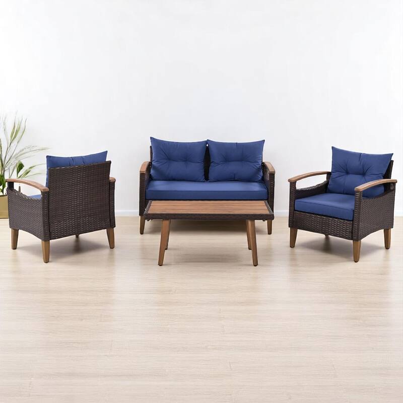 4-Piece Outdoor Wicker Sofa Set with Armrests, Coffee Table, Cushions, Pillows, and Protective Cover,outdoor Patio Furniture set