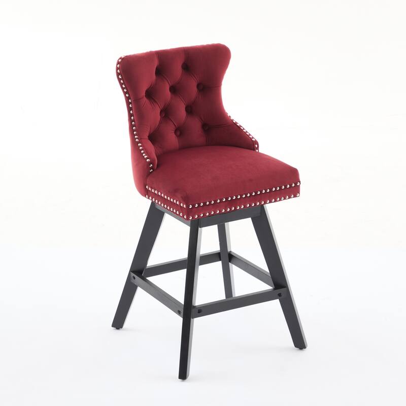 Set of 2,Swivel Velvet Barstools with Button Tufted Decoration and Wooden Legs