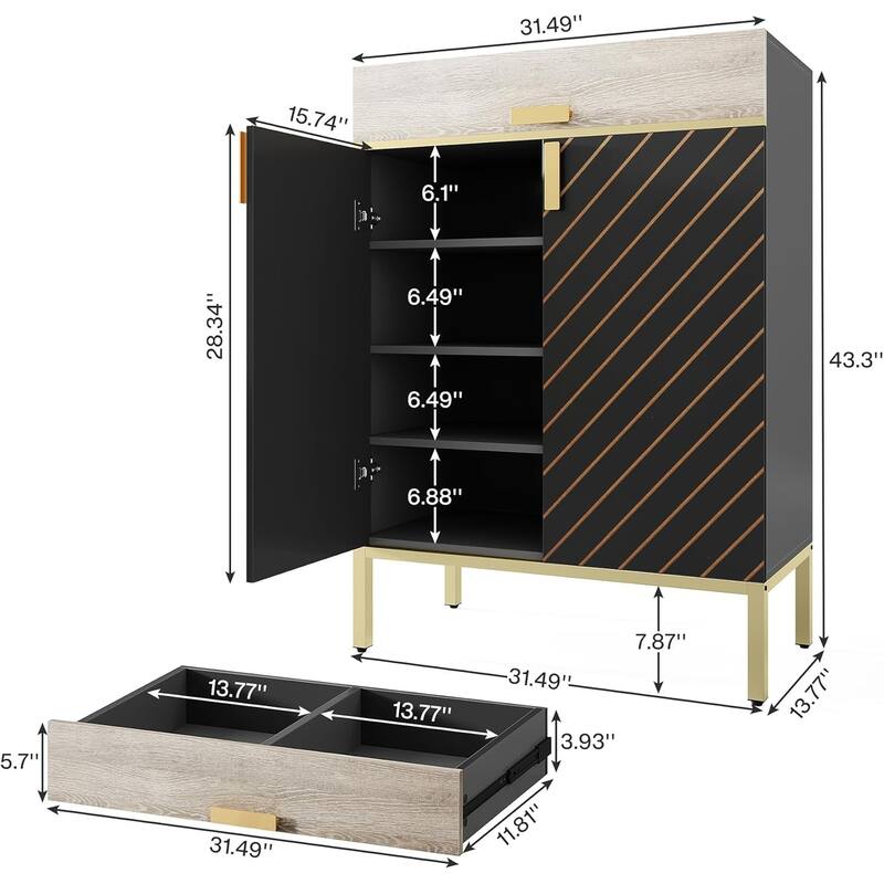 31.49" Grey and Gold Wood 4-Tier Shoe Storage Cabinet