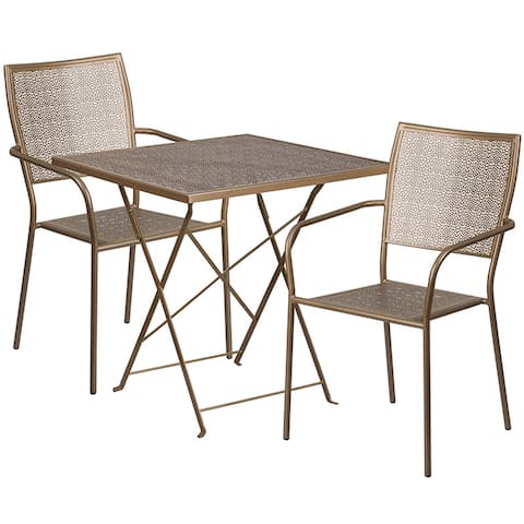 Offex 28" Square Gold Folding Patio Table Set w/ 2 Square Back Chairs