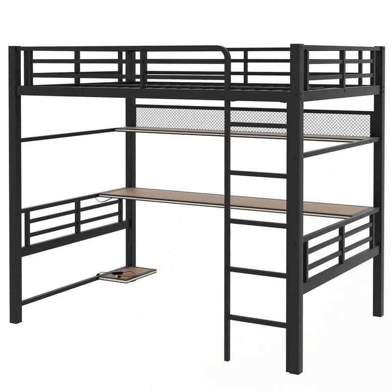 Full Size Metal Loft Bed with Storage Shelf, LED Light, and Built-in Desk