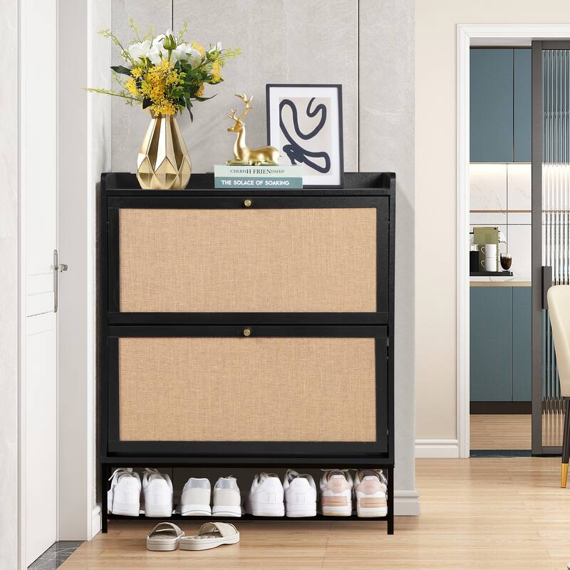 Free-standing Two-tier Flip-out Drawer Wooden Shoe Storage - Black