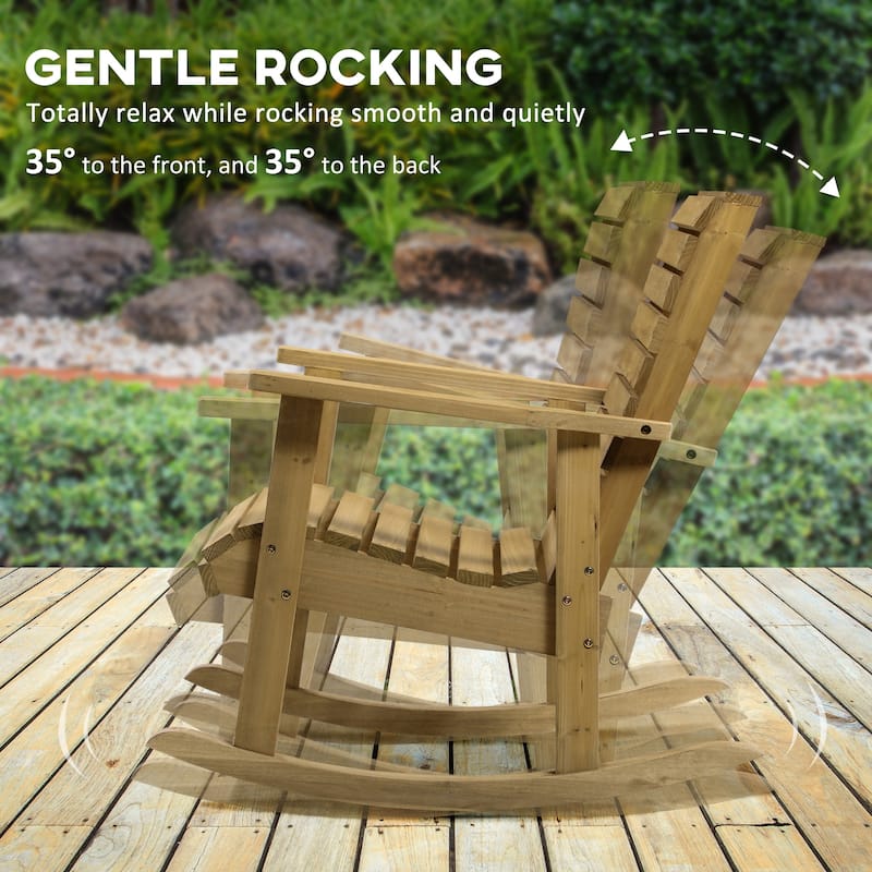 Outdoor Traditional Slatted Wood Rocking Chair with Armrests and High Backrest