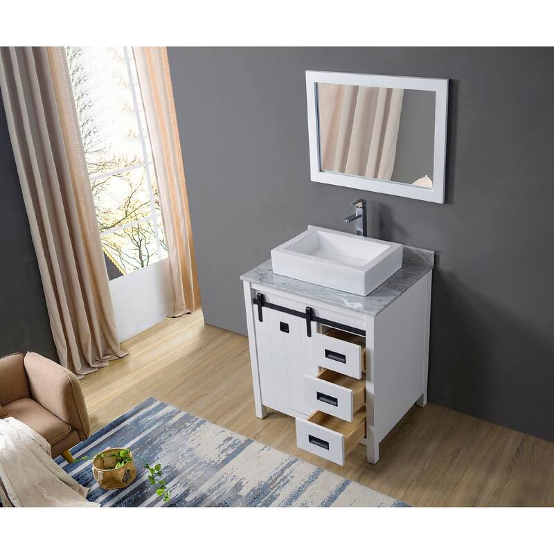 Da Vinci 32 in. Vanity in White with White Carrara Marble Top with white vessel sink and Mirror