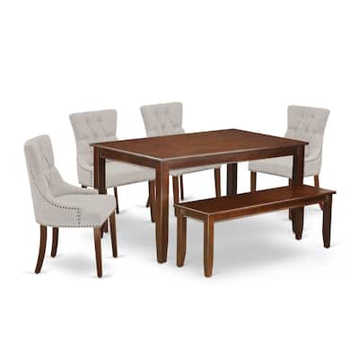 HomeStock 6-Piece Rectangle Mahogany Finish Solid Wood Top Dining Table with 1 Bench, 4 Chairs with Lattice Back