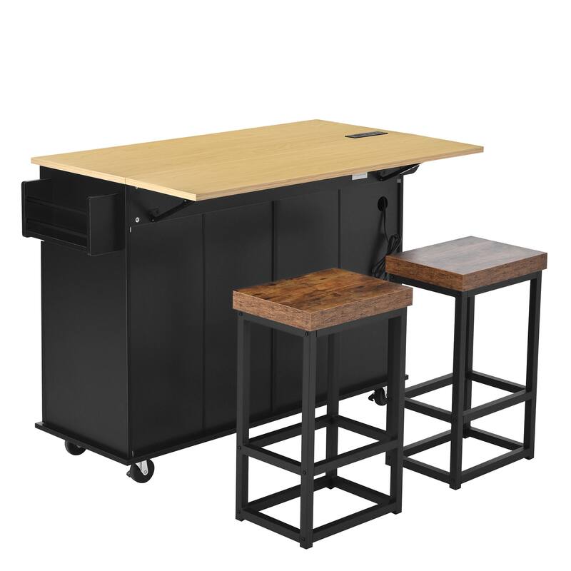 Farmhouse Kitchen Island on Wheels with Drop Leaf, 2 Seating & Power Outlet