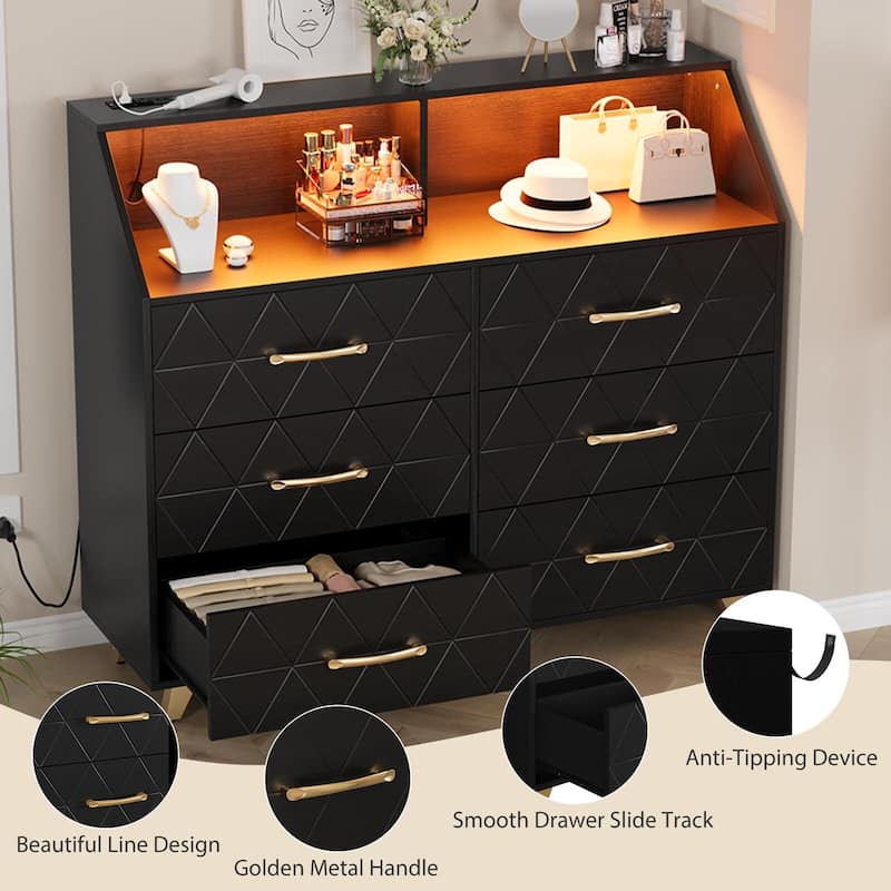 6 Drawers Dresser for Bedroom, with Charging Station and LED Lights