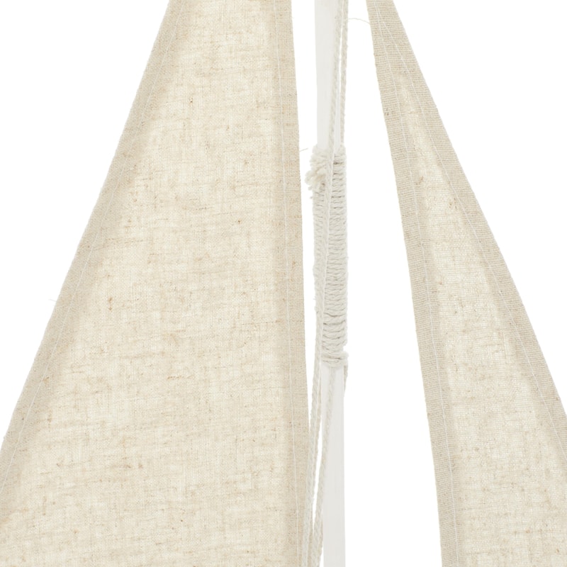 Blue Wood Distressed Sail Boat Decorative Sculpture with Cream Linen Sails and Brown Accents