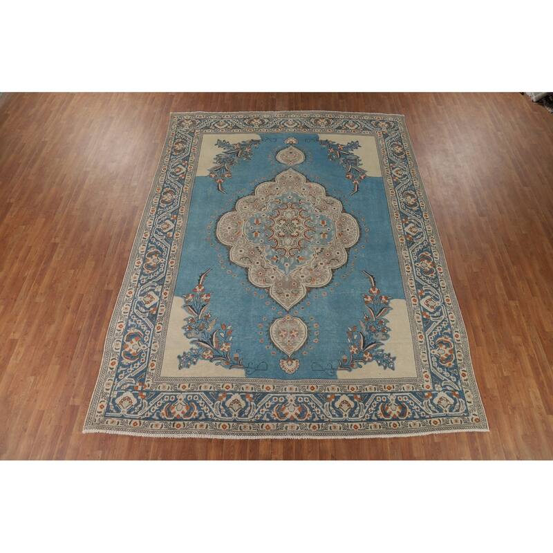 Blue Tabriz Vintage Persian Area Rug Handmade Traditional Wool Carpet - 9'7" x 12'8"