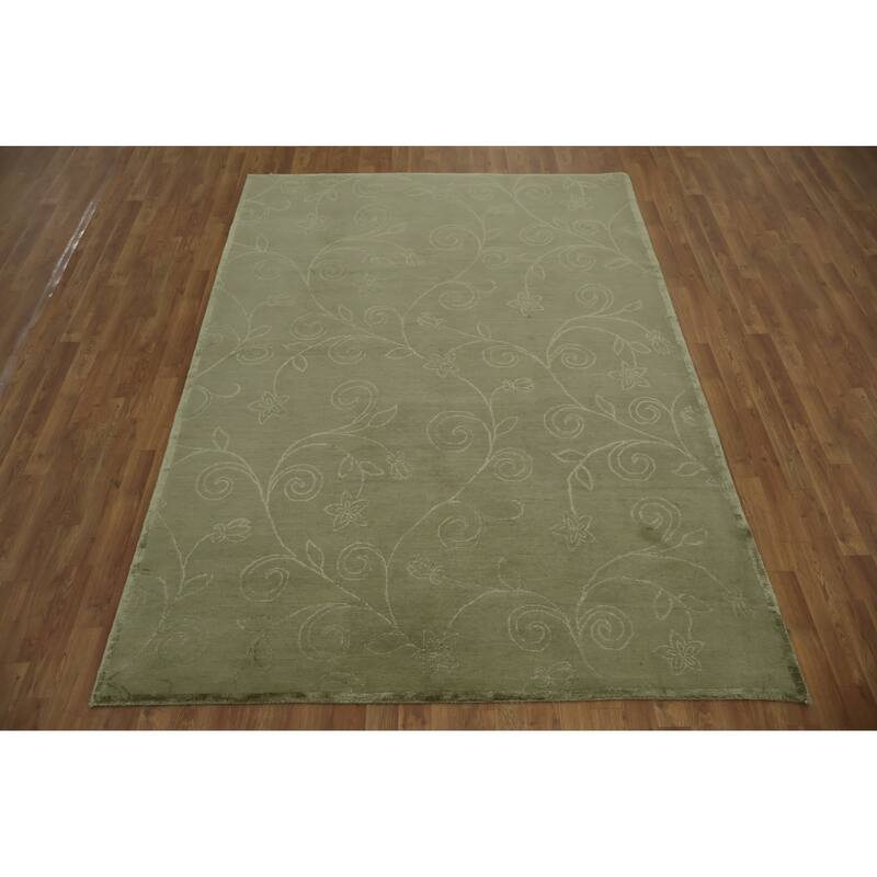 Hand Knotted Oriental 100% Wool Carpet Modern Abstract Green Nepalese Area Rug - 8' 11'' X 6' 4''