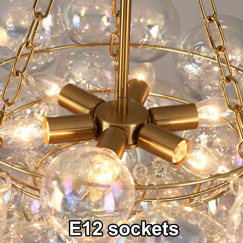 Starsky 6-Light lridescent Bubble Glass Globe chandelier, Hand-Blown Colorful cluster Light, Adjustable Height, Gold or Nickel