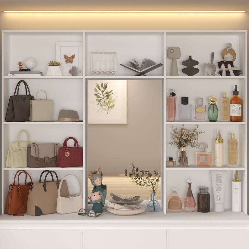 Chest White Storage Cabinet w/Mirror for Bedroom, Dresser Shelving Unit