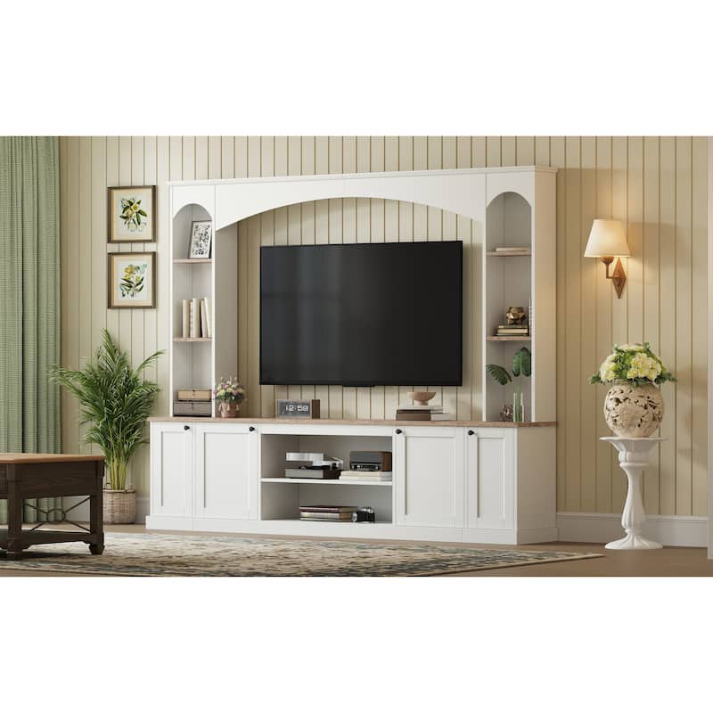 91" Arched Entertainment Center TV Stand with Bookshelves, Farmhouse Media Console, Large Wood Wall Unit for TVs Up to 70"