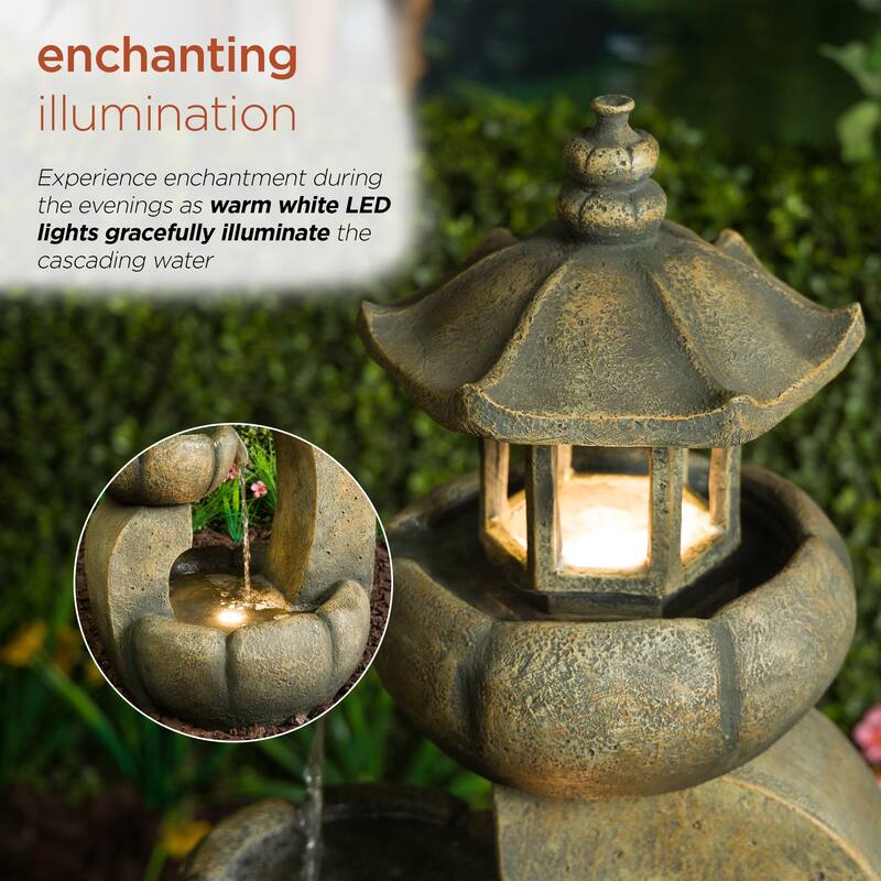 2 Layered Pavilion Polyresin Fountain with LED Lights