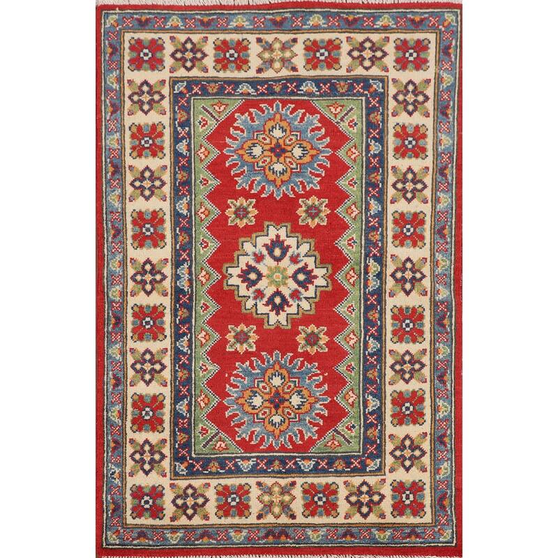 Kazak Foyer Rug Hand-Knotted Red Geometric Wool Carpet - 2'6" x 4'1"