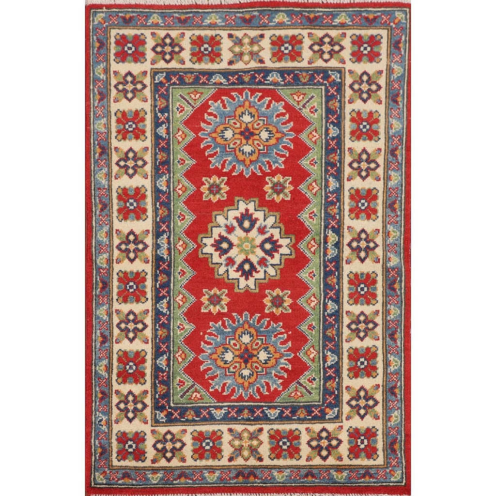 Kazak Foyer Rug Hand-Knotted Red Geometric Wool Carpet - 2'6" x 4'1"