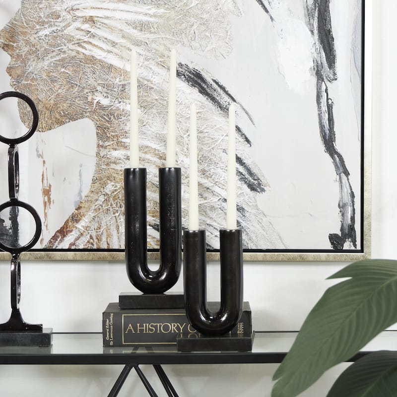 Aluminum Metal Geometric U-Shaped Decorative Candle Holder with Marble Bases - Set of 2 Gold or Black - Roche River Decor